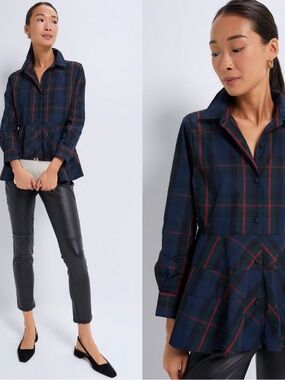 Pomander Place Tuckernuck Ashlen Peplum Blouse Women’s XL Plaid Navy Red Fraser